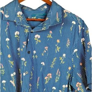Perry Ellis Mens Shirt L Short Sleeve Button Front Floral Pinstripe Blue Stretch